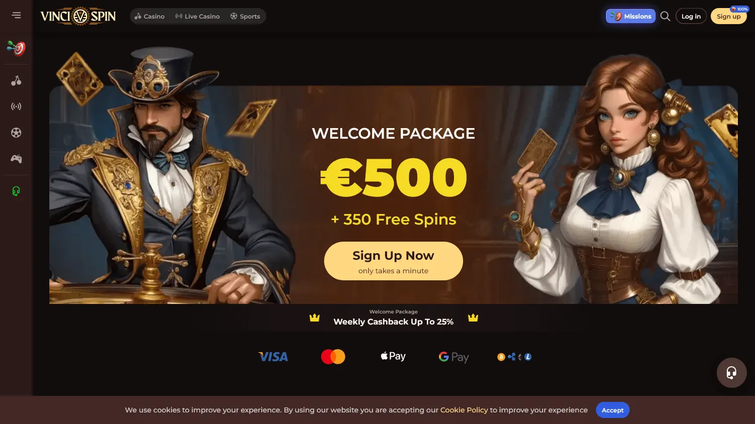 Vincispin Casino home page on desktop
