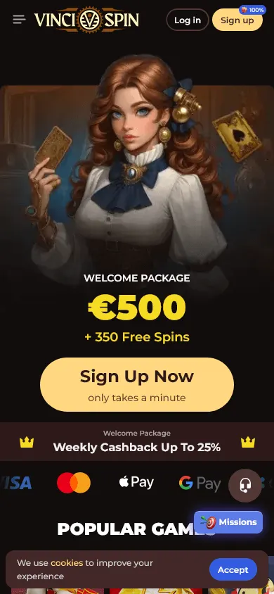 Vincispin Casino home page on mobile