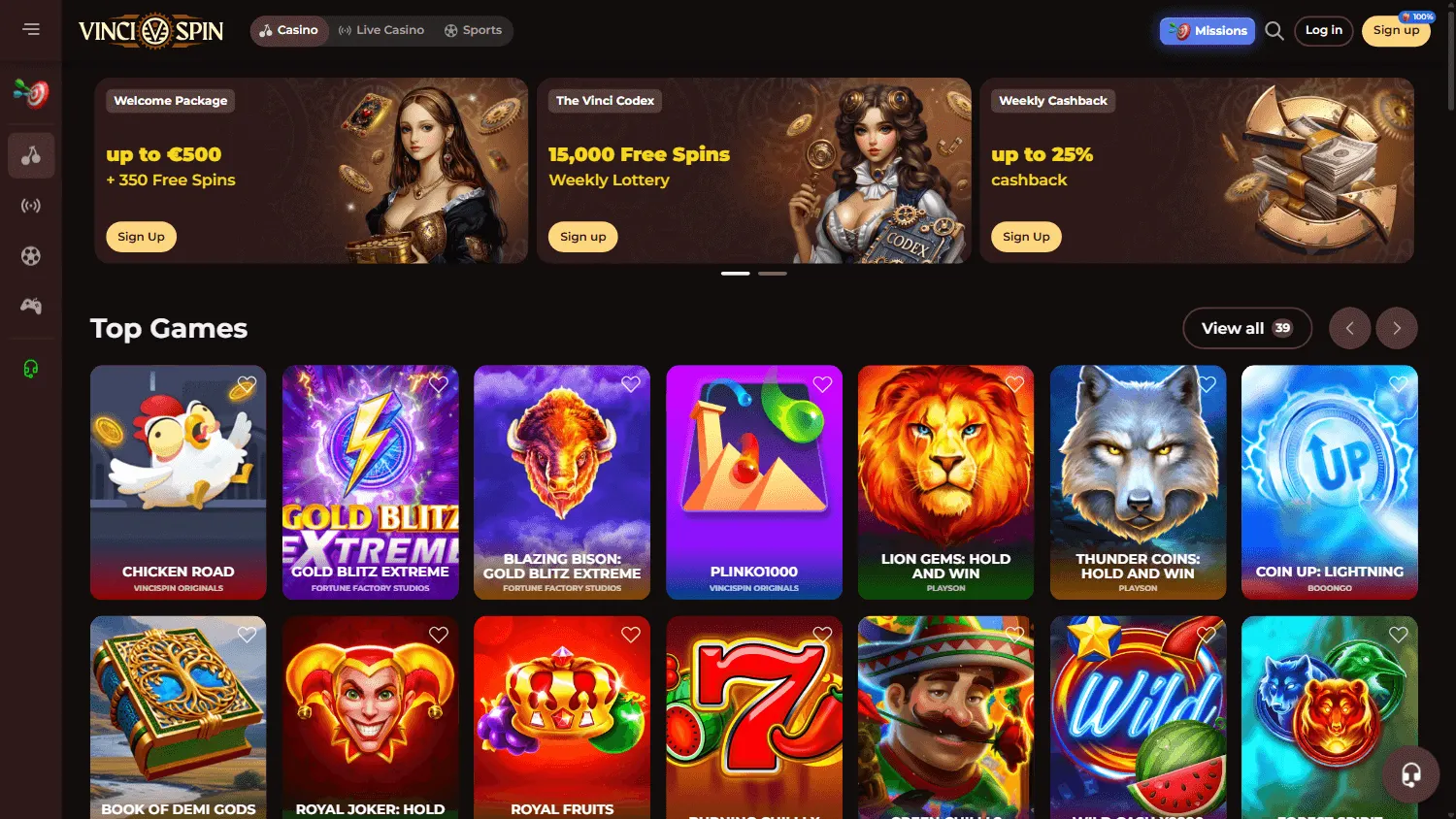 Vincispin Casino promotions page on desktop
