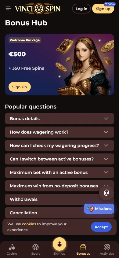 Vincispin Casino promotions page on mobile